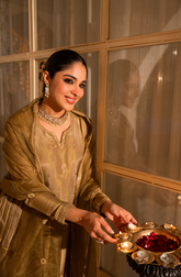 Olive Gold Premium Simmar Chanderi Silk Embroidered Kurta Pant Set with Organza Embroidered Dupatta