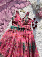 Multicolor Floral Printed Jimmy Organza Anarkali Gown with Designer Dupatta