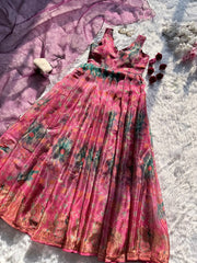 Multicolor Floral Printed Jimmy Organza Anarkali Gown with Designer Dupatta