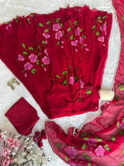 Blossom Bloom Handpainted Georgette Anarkali Suit Set with Floral Dupatta