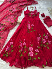 Blossom Bloom Handpainted Georgette Anarkali Suit Set with Floral Dupatta