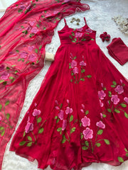 Blossom Bloom Handpainted Georgette Anarkali Suit Set with Floral Dupatta