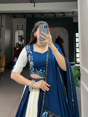 Royal Blue & Ivory Pure Rayon Lehenga Choli Set with Mirror Work Dupatta