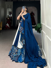 Royal Blue & Ivory Pure Rayon Lehenga Choli Set with Mirror Work Dupatta