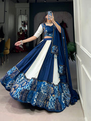 Royal Blue & Ivory Pure Rayon Lehenga Choli Set with Mirror Work Dupatta