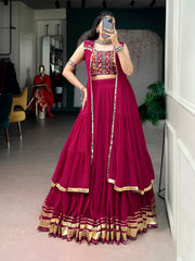 Wine Rayon Navratri Lehenga Choli Set with Gamthi Work Blouse & Long Mirror Work Koti