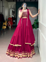 Wine Rayon Navratri Lehenga Choli Set with Gamthi Work Blouse & Long Mirror Work Koti