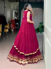 Wine Rayon Navratri Lehenga Choli Set with Gamthi Work Blouse & Long Mirror Work Koti