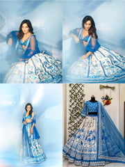 Sky Blue Muslin Cotton Digital Print Lehenga Choli with Soft Net Dupatta | Designer Party Wear Lehenga for Women
