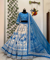 Sky Blue Muslin Cotton Digital Print Lehenga Choli with Soft Net Dupatta | Designer Party Wear Lehenga for Women