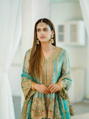 Sky Blue Fendy Silk Kurti & Sharara Set with Embroidered Georgette Dupatta | Designer Festive Wear for Women