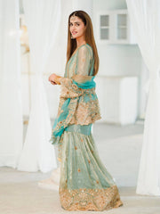 Sky Blue Fendy Silk Kurti & Sharara Set with Embroidered Georgette Dupatta | Designer Festive Wear for Women