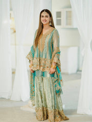 Sky Blue Fendy Silk Kurti & Sharara Set with Embroidered Georgette Dupatta | Designer Festive Wear for Women