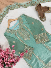 Sky Blue Fendy Silk Kurti & Sharara Set with Embroidered Georgette Dupatta | Designer Festive Wear for Women