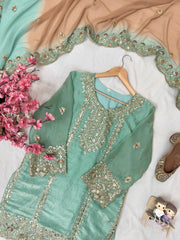 Sky Blue Fendy Silk Kurti & Sharara Set with Embroidered Georgette Dupatta | Designer Festive Wear for Women