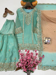 Sky Blue Fendy Silk Kurti & Sharara Set with Embroidered Georgette Dupatta | Designer Festive Wear for Women