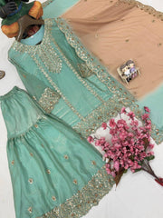 Sky Blue Fendy Silk Kurti & Sharara Set with Embroidered Georgette Dupatta | Designer Festive Wear for Women