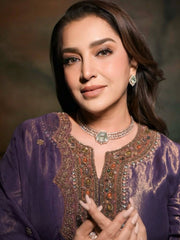 Purple Fendy Silk Kurti & Palazzo Set with Stone Handwork & Embroidered Silk Dupatta | Designer Festive Wear for Women