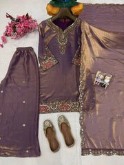 Purple Fendy Silk Kurti & Palazzo Set with Stone Handwork & Embroidered Silk Dupatta | Designer Festive Wear for Women