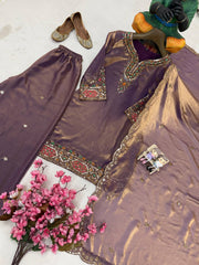 Purple Fendy Silk Kurti & Palazzo Set with Stone Handwork & Embroidered Silk Dupatta | Designer Festive Wear for Women