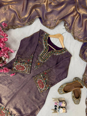 Purple Fendy Silk Kurti & Palazzo Set with Stone Handwork & Embroidered Silk Dupatta | Designer Festive Wear for Women