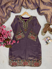 Purple Fendy Silk Kurti & Palazzo Set with Stone Handwork & Embroidered Silk Dupatta | Designer Festive Wear for Women