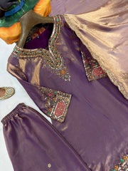 Purple Fendy Silk Kurti & Palazzo Set with Stone Handwork & Embroidered Silk Dupatta | Designer Festive Wear for Women