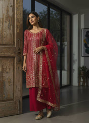 Designer Georgette Embroidered Kurti Palazzo Set with Soft Net Dupatta | Sequins & Zari Party Wear Suit for Women