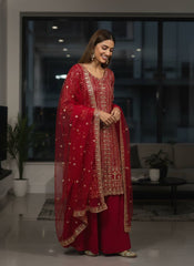 Designer Georgette Embroidered Kurti Palazzo Set with Soft Net Dupatta | Sequins & Zari Party Wear Suit for Women