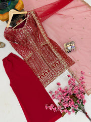 Designer Georgette Embroidered Kurti Palazzo Set with Soft Net Dupatta | Sequins & Zari Party Wear Suit for Women
