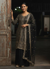 Designer Georgette Embroidered Kurti Palazzo Set with Soft Net Dupatta | Sequins & Zari Party Wear Suit for Women