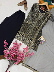 Designer Georgette Embroidered Kurti Palazzo Set with Soft Net Dupatta | Sequins & Zari Party Wear Suit for Women