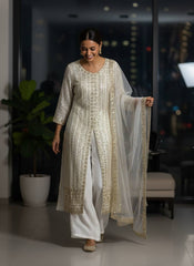 Designer Georgette Embroidered Kurti Palazzo Set with Soft Net Dupatta | Sequins & Zari Party Wear Suit for Women