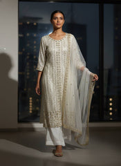 Designer Georgette Embroidered Kurti Palazzo Set with Soft Net Dupatta | Sequins & Zari Party Wear Suit for Women