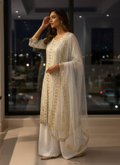 Designer Georgette Embroidered Kurti Palazzo Set with Soft Net Dupatta | Sequins & Zari Party Wear Suit for Women