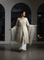 Designer Georgette Embroidered Kurti Palazzo Set with Soft Net Dupatta | Sequins & Zari Party Wear Suit for Women