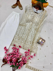 Designer Georgette Embroidered Kurti Palazzo Set with Soft Net Dupatta | Sequins & Zari Party Wear Suit for Women