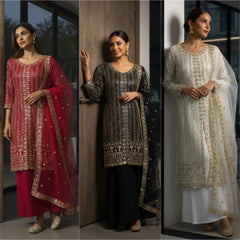 Designer Georgette Embroidered Kurti Palazzo Set with Soft Net Dupatta | Sequins & Zari Party Wear Suit for Women