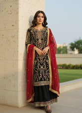 Black Georgette Embroidered Kurti Palazzo Set with Pearl Work & Dupatta | Designer Party Wear Ethnic Suit for Women