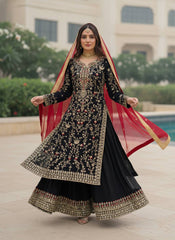 Black Georgette Embroidered Kurti Palazzo Set with Pearl Work & Dupatta | Designer Party Wear Ethnic Suit for Women