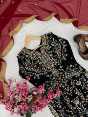 Black Georgette Embroidered Kurti Palazzo Set with Pearl Work & Dupatta | Designer Party Wear Ethnic Suit for Women