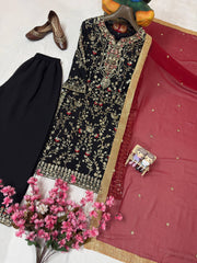 Black Georgette Embroidered Kurti Palazzo Set with Pearl Work & Dupatta | Designer Party Wear Ethnic Suit for Women