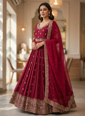 Cherry Red Chinon Silk Embroidered Gown Set with Pant & Soft Georgette Dupatta | Designer Party Wear Ethnic Suit for Women