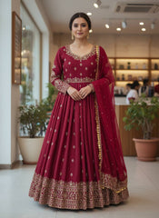 Cherry Red Chinon Silk Embroidered Gown Set with Pant & Soft Georgette Dupatta | Designer Party Wear Ethnic Suit for Women