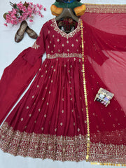 Cherry Red Chinon Silk Embroidered Gown Set with Pant & Soft Georgette Dupatta | Designer Party Wear Ethnic Suit for Women