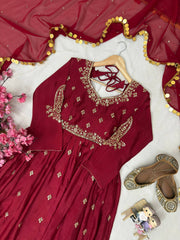 Cherry Red Chinon Silk Embroidered Gown Set with Pant & Soft Georgette Dupatta | Designer Party Wear Ethnic Suit for Women