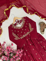 Cherry Red Chinon Silk Embroidered Gown Set with Pant & Soft Georgette Dupatta | Designer Party Wear Ethnic Suit for Women