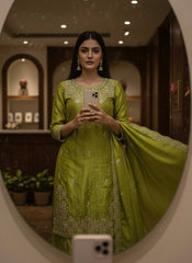 Olive Green Chinon Silk Embroidered Kurti Palazzo Set with Dupatta | Designer Pearl Work Ethnic Suit for Women