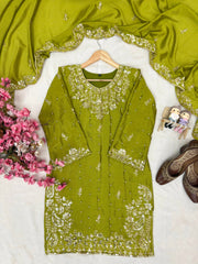 Olive Green Chinon Silk Embroidered Kurti Palazzo Set with Dupatta | Designer Pearl Work Ethnic Suit for Women