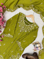 Olive Green Chinon Silk Embroidered Kurti Palazzo Set with Dupatta | Designer Pearl Work Ethnic Suit for Women